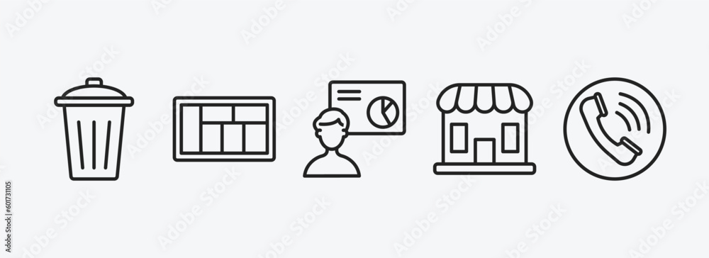 user interface outline icons set. user interface icons such as eliminar, layout, person explaining data, store, telephone call vector. can be used web and mobile. user interface outline icons set. user interface icons such as eliminar, layout, person explaining data, store, telephone call vector. can be used web and mobile.