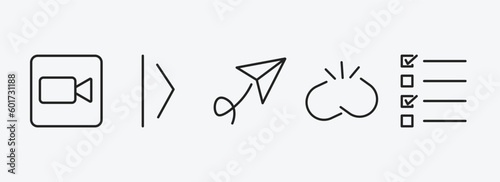 user interface outline icons set. user interface icons such as facetime, slide right, paper plane flying, disconnected chains, test quiz vector. can be used web and mobile.