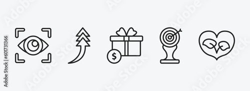 user interface outline icons set. user interface icons such as viewer, turn up arrow, incentive, archery champion, ecologic heart vector. can be used web and mobile.