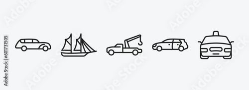 transportation outline icons set. transportation icons such as hearse, schooner, tow truck, hatchback, taxi vector. can be used web and mobile.