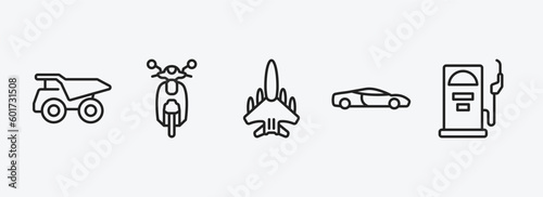 transportation outline icons set. transportation icons such as haul  scooter front view  military airplane  sport car  fuel dispenser vector. can be used web and mobile.