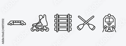 transportation outline icons set. transportation icons such as limousine, inline skates, railway line, rowing, train front vector. can be used web and mobile.