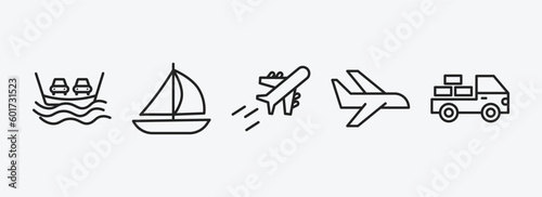 transport outline icons set. transport icons such as ferry, sailing, flying airplane, flights, loaded truck side view vector. can be used web and mobile.