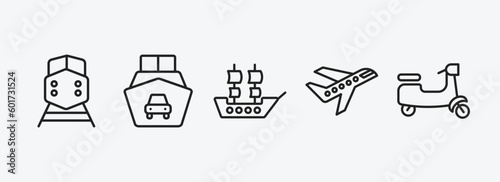 transport outline icons set. transport icons such as diesel train, ferry carrying cars, galleon, air transport, scooter bike vector. can be used web and mobile.