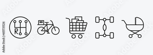 transport outline icons set. transport icons such as gearshift, delivery bike, cart with boxes, chassis, babysitter vector. can be used web and mobile.