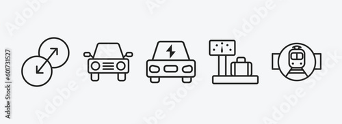 transport outline icons set. transport icons such as transition, auto, electro car, airport checking, tram stop label vector. can be used web and mobile.