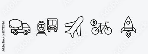 transport outline icons set. transport icons such as cement truck, public transportation, airplane pointing up, bicycle rental, space rocket launch vector. can be used web and mobile.
