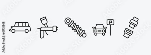 transport outline icons set. transport icons such as long car, car painting, shock breaker, car parking, seatbelt vector. can be used web and mobile.