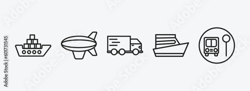 transport outline icons set. transport icons such as cargo ship, blimp, free transport, yacht navigate, school bus stop vector. can be used web and mobile.