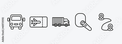 transport outline icons set. transport icons such as van front view, plane tickets, trucking, hands free device, way vector. can be used web and mobile.