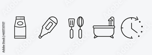 tools and utensils outline icons set. tools and utensils icons such as top load washer, body thermometer, kitchen tools, bath tub, time left vector. can be used web and mobile.