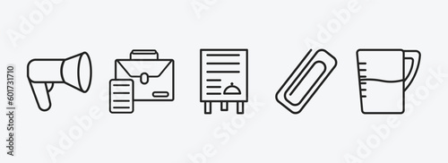 tools and utensils outline icons set. tools and utensils icons such as megaphone side view, briefcase and document, daily specials board, attachments, pitcher with levels vector. can be used web