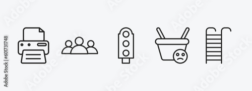 tools and utensils outline icons set. tools and utensils icons such as blank paper and printer, squad, semaphore light, empty shopping basket, hanging ladder vector. can be used web mobile.