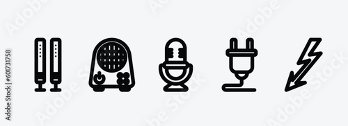 technology outline icons set. technology icons such as theater, air cooler, big old microphone, plugs, lightning arrow vector. can be used web and mobile.