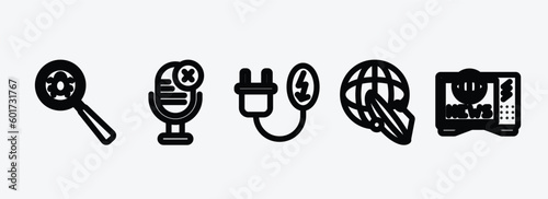 technology outline icons set. technology icons such as search bug, microphone mute, electrical plug, news via satellite, worlwide news vector. can be used web and mobile. photo