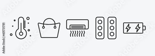 tools and utensils outline icons set. tools and utensils icons such as thermometers, bag with big handle, air conditioning, semaphore lights, battery charging vector. can be used web and mobile.