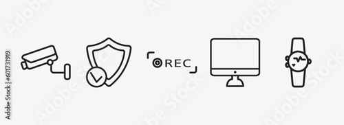 technology outline icons set. technology icons such as surveillance camera, safe shield protection, recording, simple screen, smart watch vector. can be used web and mobile.