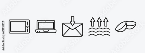 technology outline icons set. technology icons such as horizontal tablet, laptop frontal monitor, received, evaporation, contact lens vector. can be used web and mobile.