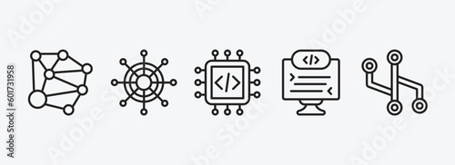 technology outline icons set. technology icons such as social graph, multichannel marketing, embedding, self-closing tag, version control vector. can be used web and mobile.