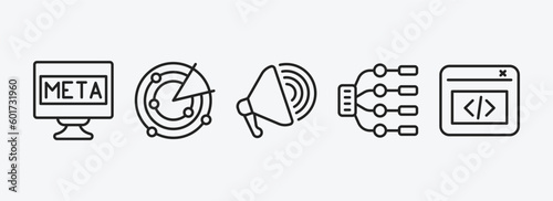 technology outline icons set. technology icons such as meta elements, radar sweep, call to action, type hierarchy, back end vector. can be used web and mobile.
