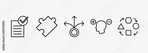 startup stategy and outline icons set. startup stategy and icons such as approval, puzzle, decision, attitude, adaptation vector. can be used web and mobile. photo