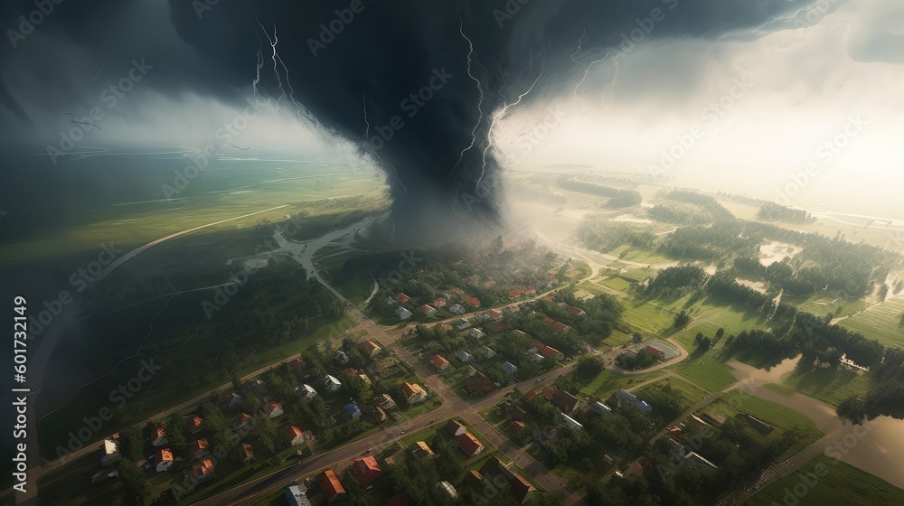 Aerial view of huge tornado in countryside city, windy weather with ...