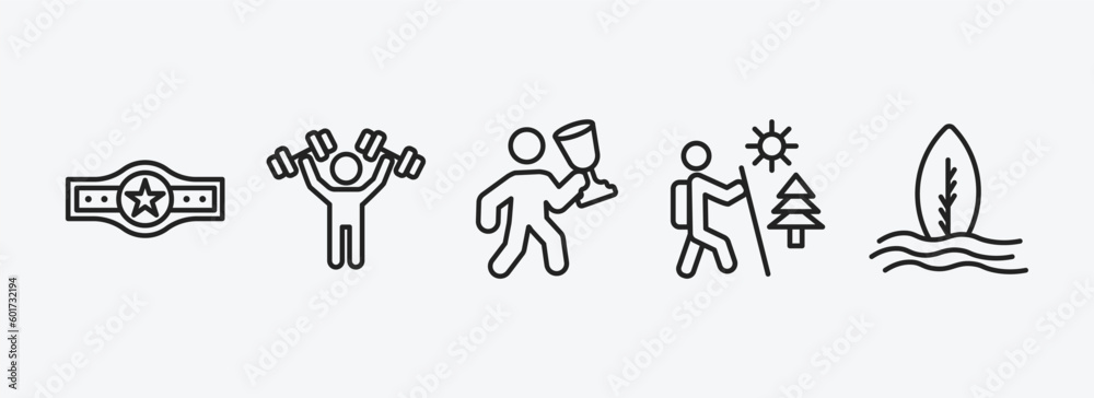 sport outline icons set. sport icons such as boxer with belt, man lifting weight, man award, adventure, surf vector. can be used web and mobile.