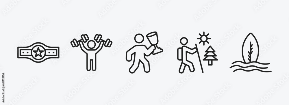 sport outline icons set. sport icons such as boxer with belt, man lifting weight, man award, adventure, surf vector. can be used web and mobile. sport outline icons set. sport icons such as boxer with belt, man lifting weight, man award, adventure, surf vector. can be used web and mobile.