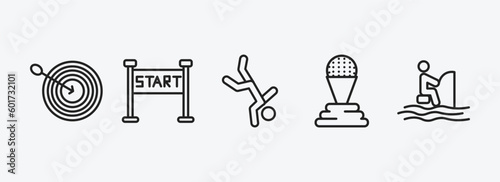 sports outline icons set. sports icons such as dartboard with dart, starting line, capoeira, golf champion, fisher fishing vector. can be used web and mobile.