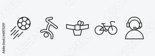 sport outline icons set. sport icons such as soccer, breakdancing dancer, mawashi, racing bike, commentator vector. can be used web and mobile.