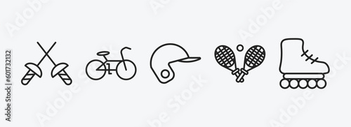 sports outline icons set. sports icons such as medieval fencing, race bike, baseball helmet, tennis game, roller skate vector. can be used web and mobile.