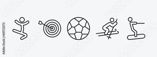 sports outline icons set. sports icons such as jumping dancer, dartboard and dart, football, skiing, water ski vector. can be used web and mobile.