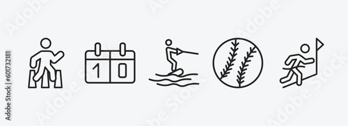 sports outline icons set. sports icons such as pedestrian walking, scoreboard, wakeboarding, baseball ball, winning the race vector. can be used web and mobile.