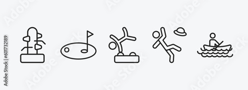 sports outline icons set. sports icons such as wing chun, golf, gymnastics, man losing hat, man in canoe vector. can be used web and mobile.