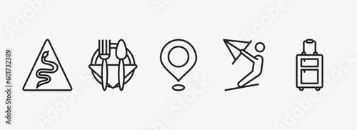 signs outline icons set. signs icons such as snake, restaurant, placeholders, kitesurf, suitcase vector. can be used web and mobile.