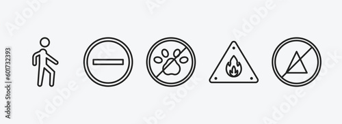 signs outline icons set. signs icons such as pedestrian, traffic, no pets, fire warning, no bleaching vector. can be used web and mobile.
