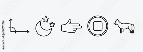 shapes outline icons set. shapes icons such as angle of acute, moon and stars, finger gun, round stop button, jackal vector. can be used web and mobile.