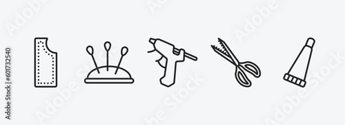 sew outline icons set. sew icons such as material, pincushion, hot glue, pinking shears, glue stick vector. can be used web and mobile.