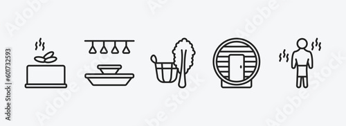 sauna outline icons set. sauna icons such as earth sauna, light stimulation, vasta, hideaway, vascular workout vector. can be used web and mobile.