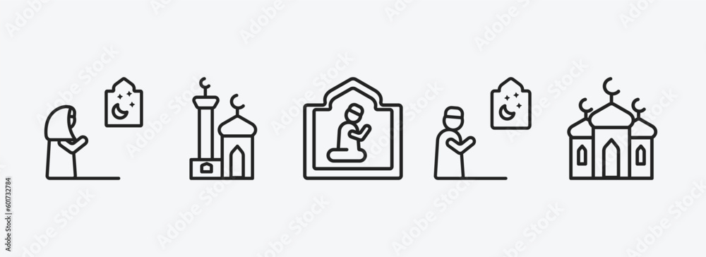religion outline icons set. religion icons such as muslim woman praying, small mosque, islamic pray, muslim man praying, islamic mosque vector. can be used web and mobile. religion outline icons set. religion icons such as muslim woman praying, small mosque, islamic pray, muslim man praying, islamic mosque vector. can be used web and mobile.