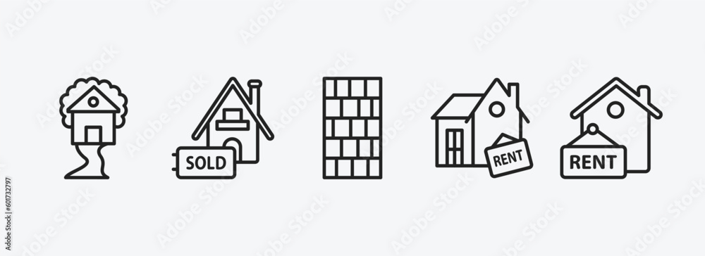 real estate outline icons set. real estate icons such as tree house, sold, wall, for rent, rent vector. can be used web and mobile. real estate outline icons set. real estate icons such as tree house, sold, wall, for rent, rent vector. can be used web and mobile.