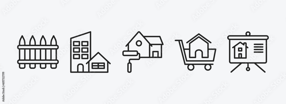 real estate outline icons set. real estate icons such as fence, real state, paint roll, shopping, slides vector. can be used web and mobile.