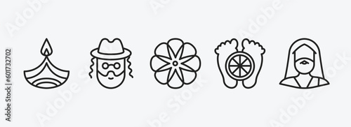 religion outline icons set. religion icons such as dipa, rabbi, flowers, feet, moses vector. can be used web and mobile.