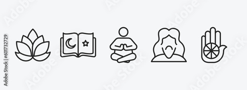 religion outline icons set. religion icons such as lotus, koran, meditation, jesus, jainism vector. can be used web and mobile.