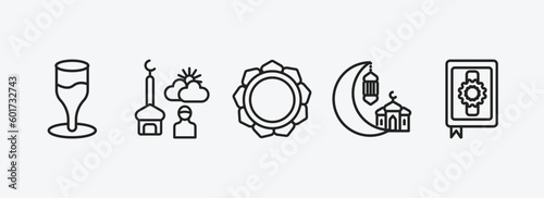 religion outline icons set. religion icons such as goblet, fajr dawn prayer, buddhism, islamic ramadan, mushaf vector. can be used web and mobile.