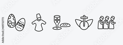 religion outline icons set. religion icons such as easter eggs, sufi mystic, communion, heresy, islamic friday prayer vector. can be used web and mobile.