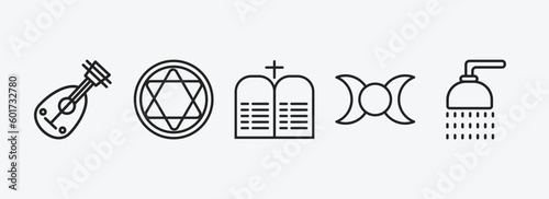 religion outline icons set. religion icons such as oud, blasphemy, commandments, goddess, islamic ghusl vector. can be used web and mobile.