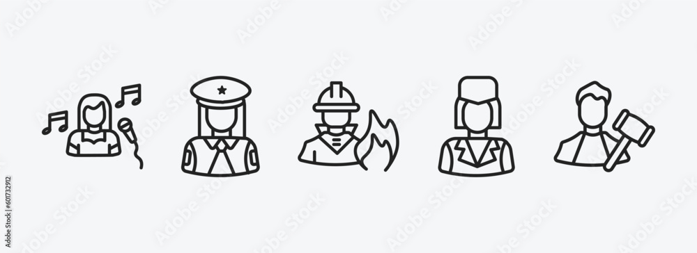 professions & jobs outline icons set. professions & jobs icons such as singer, policewoman, firefighter, stewardess, judge vector. can be used web and mobile.
