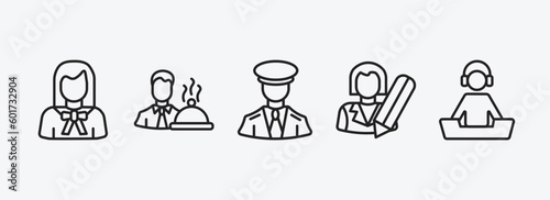 professions outline icons set. professions icons such as lawyer, waiter, captain, writer, dj vector. can be used web and mobile.