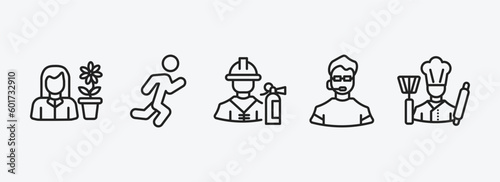 professions outline icons set. professions icons such as florist, athlete, fireman, bouncer, cooker vector. can be used web and mobile.